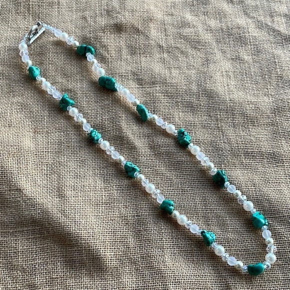 Chunky Turquoise & Pearl Crystal Multi-Strand bracelet / Necklace Handmade Rare - Picture 2 of 8
